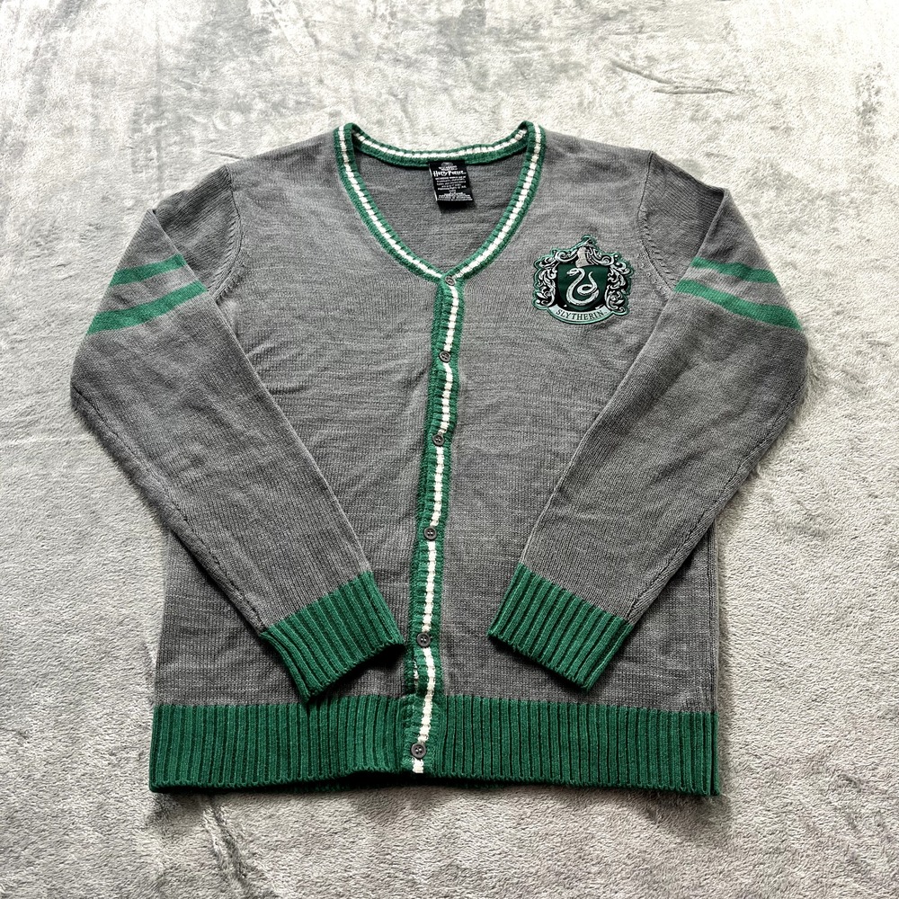 Wizarding World Harry Potter Slytherin Gray Cardigan Sweater Mens Small V-Neck